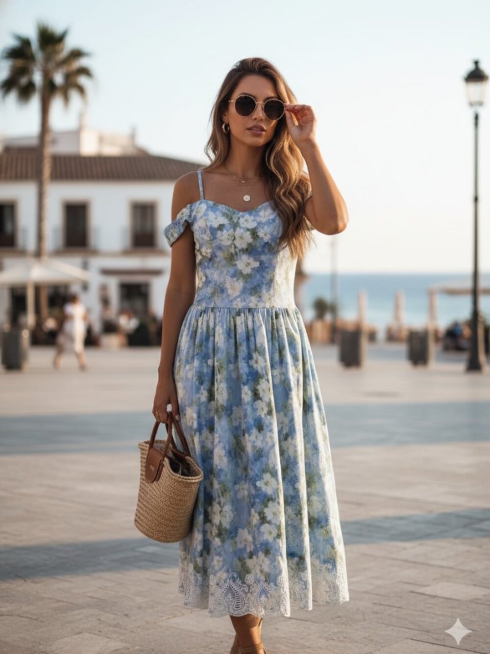 NEW AROSE STUDIO Monet Smocked Off Shoulder Embroidery Edge Midi Dress